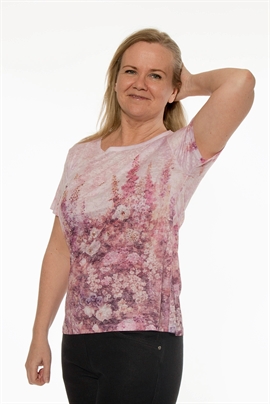 Modflower T-shirt i lyserød med små sten og blomster